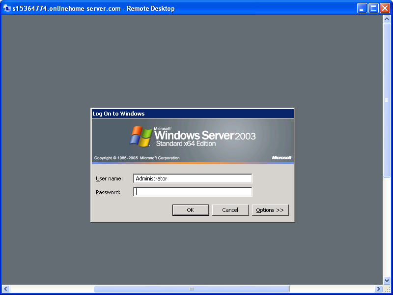 Login screen for Windows Remote Desktop