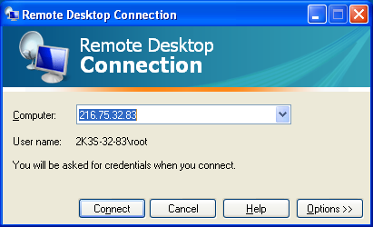 Information screen for Windows Remote Desktop
